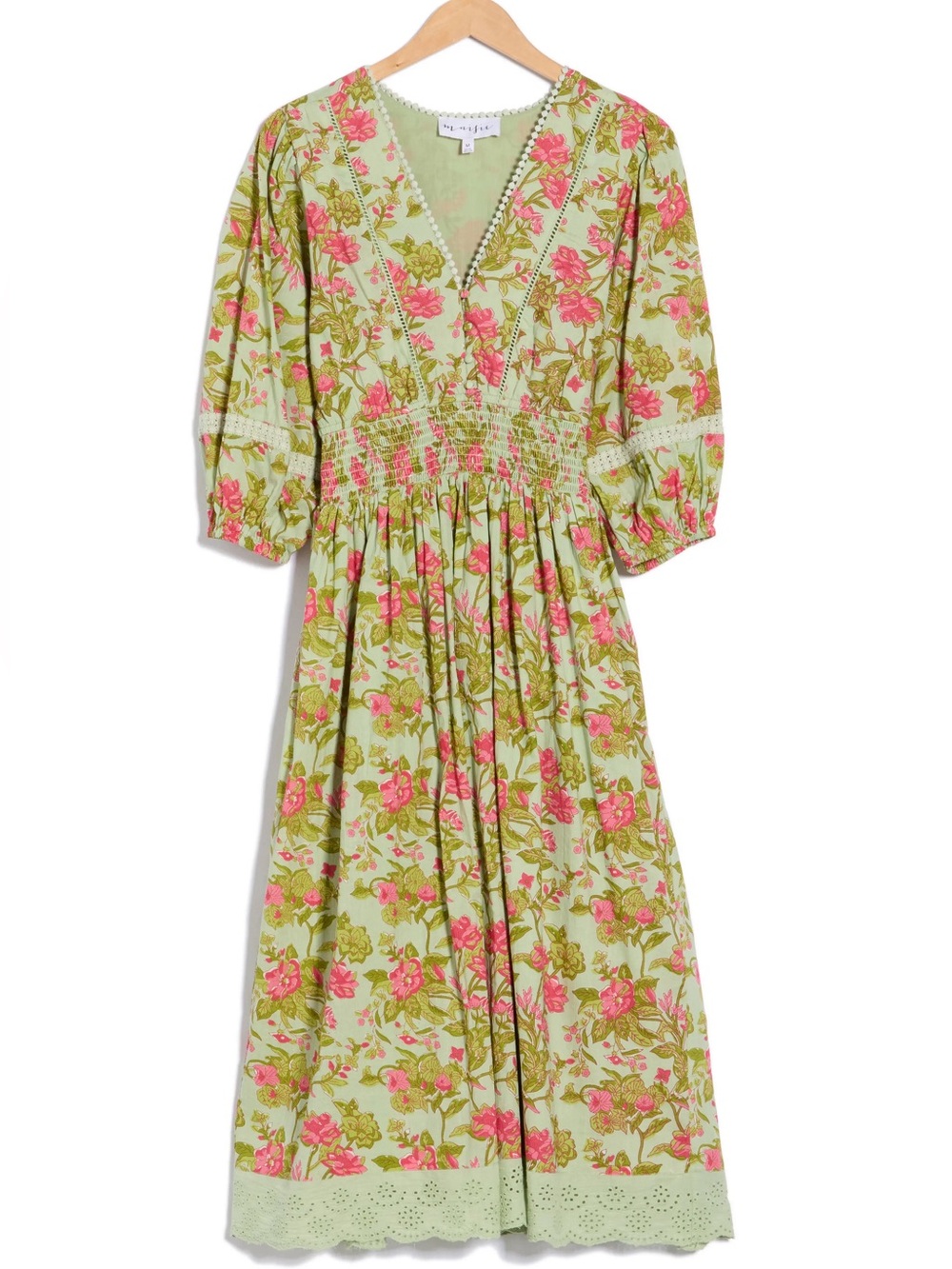 Floral V-Neck Smocked Midi Dress in Sage and Pink